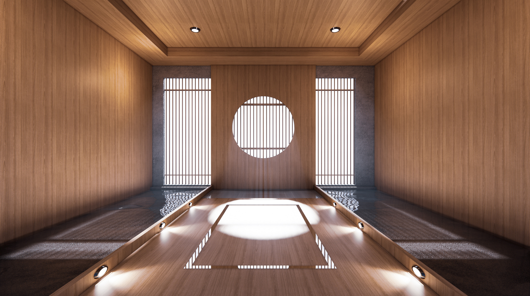 Japanese Room Hallway with Side Pool Design